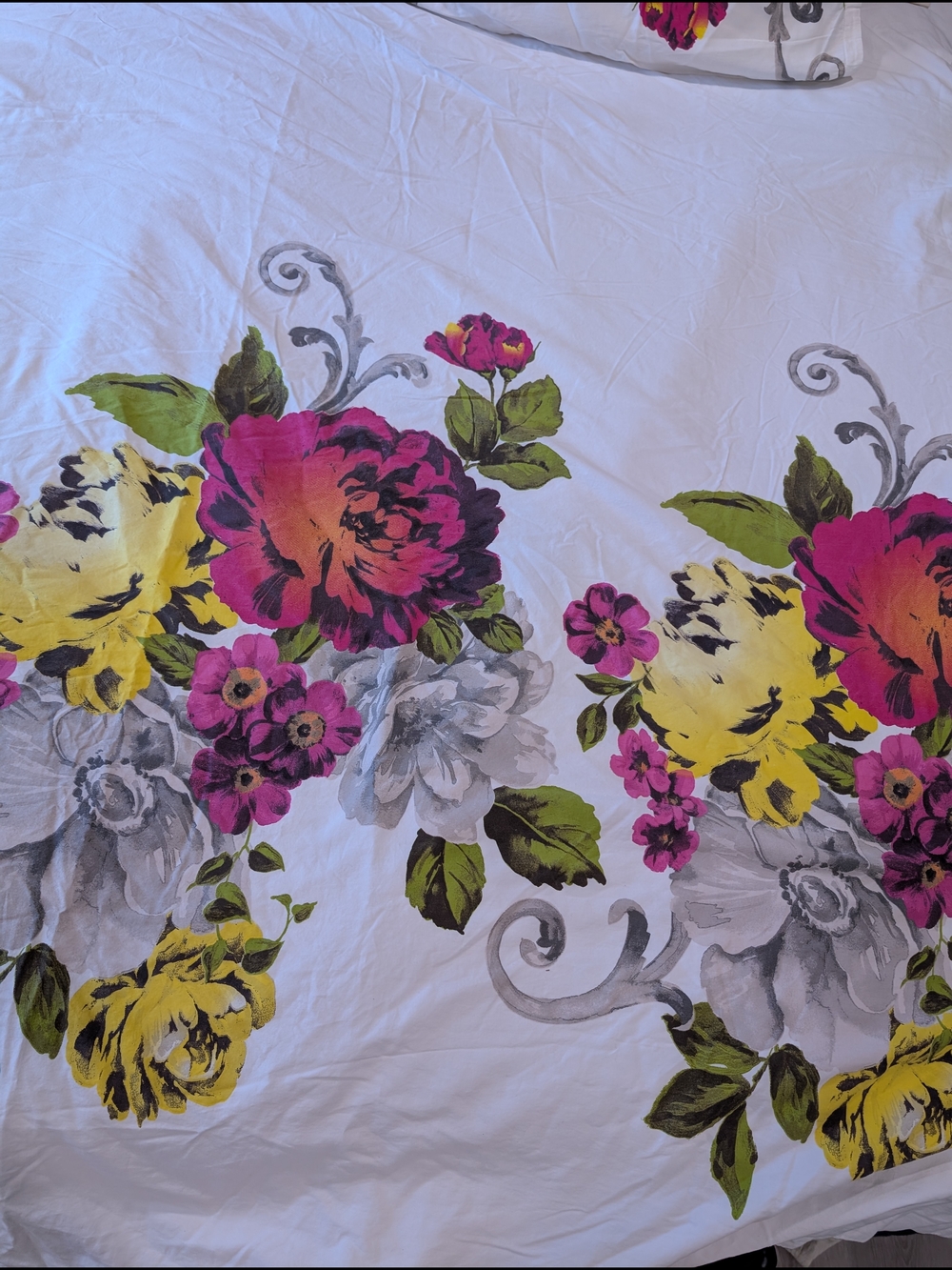 Cynthia Rowley White Duvet Cover with Pink, Yellow, Green & Gray Floral Print